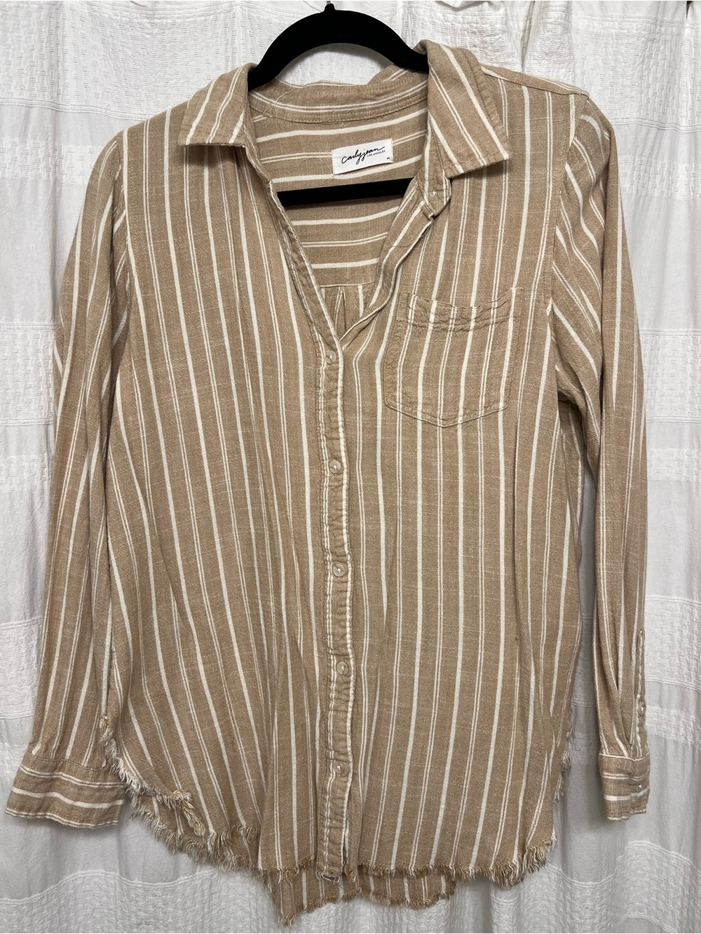 Striped Tan Button-Up Shirt